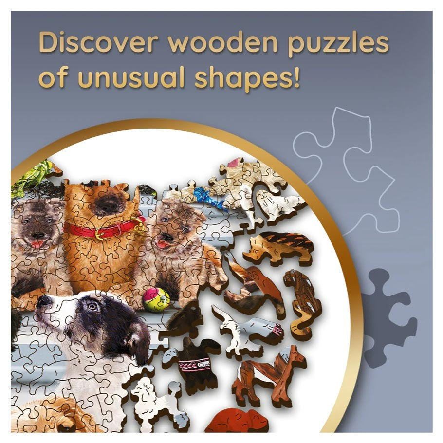 Doggy Friendship 1000 Piece Woodcraft Puzzle - Wooden jigsaw puzzle showing dogs with custom-shaped dog-themed pieces on a gray background.