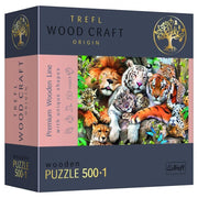 Puzzle: Jungle Cats, Woodcraft 501pc - Wooden 501-piece puzzle with colorful illustration of jungle cats including lion, tiger, leopard, and cubs in vivid natural.