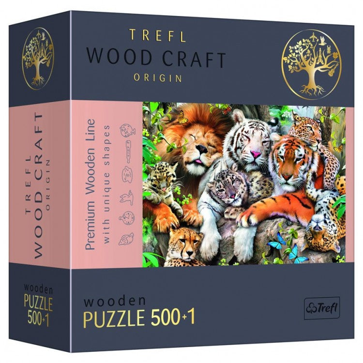 Puzzle: Jungle Cats, Woodcraft 501pc - Wooden 501-piece puzzle with colorful illustration of jungle cats including lion, tiger, leopard, and cubs in vivid natural.