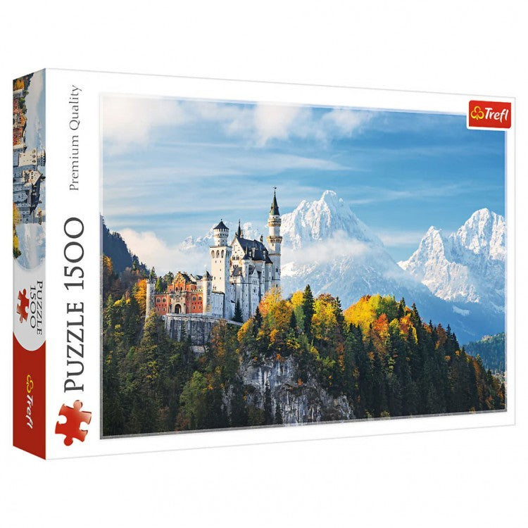Puzzle: Bavarian Alps 1500pc - 1500-piece puzzle featuring a scenic Bavarian Alps castle with autumn trees and snow-capped mountains.
