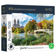 Wanderlust - Central Park 1500 Piece Puzzle - 1500-piece puzzle box featuring Central Park scene with autumn trees, blue sky, and Bow Bridge illustration.