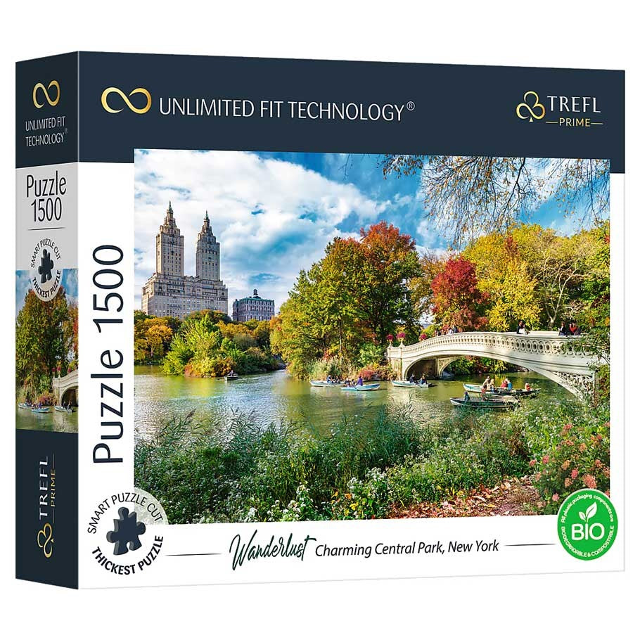 Wanderlust - Central Park 1500 Piece Puzzle - 1500-piece puzzle box featuring Central Park scene with autumn trees, blue sky, and Bow Bridge illustration.