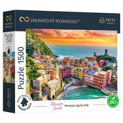 Romantic Vernazza, Italy 1500 Piece Puzzle - Colorful coastal village and sunset sky on 1500-piece puzzle box with Italian Vernazza scene.