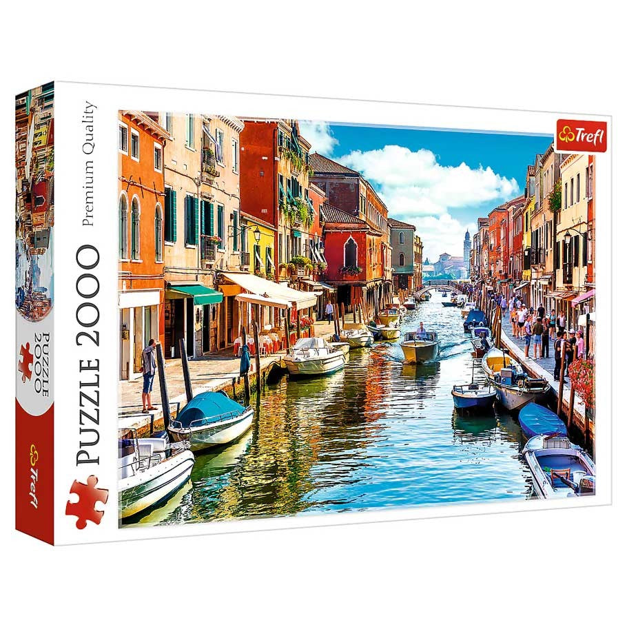 Murano Island, Venice 2000 Piece Puzzle - 2000-piece puzzle box featuring a colorful Venice canal scene with boats and historic buildings.
