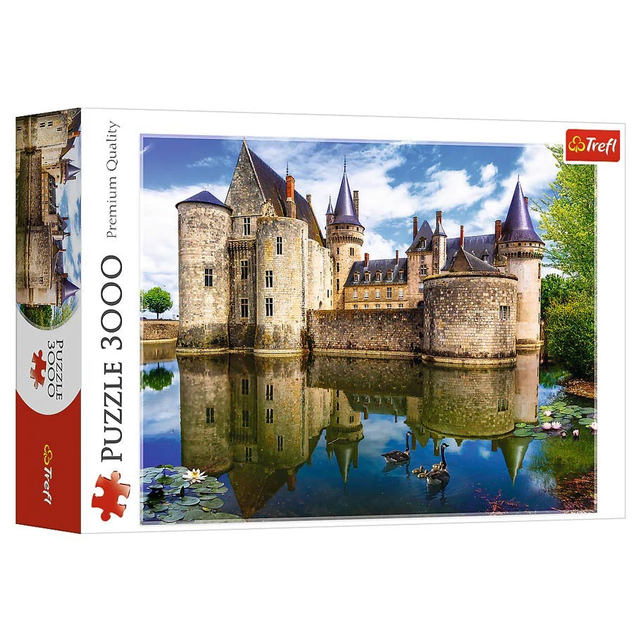 Castle in Sully-sur-Loire 3000 Piece Puzzle - 3000-piece jigsaw puzzle featuring Sully-sur-Loire castle with stone towers and reflections in water under blue sky.