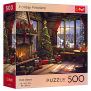 Puzzle: Holiday Fireplace 500 Piece - 500-piece puzzle box featuring a cozy holiday living room with a decorated Christmas tree, lit fireplace, presents, wooden.
