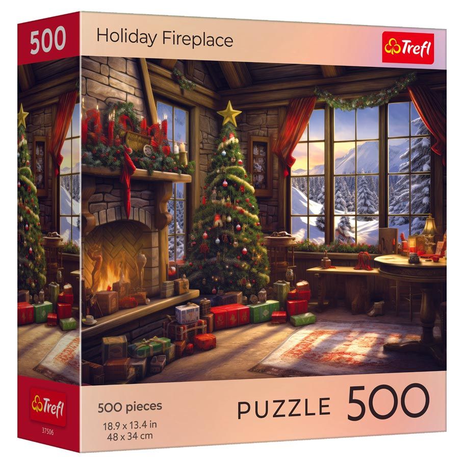 Puzzle: Holiday Fireplace 500 Piece - 500-piece puzzle box featuring a cozy holiday living room with a decorated Christmas tree, lit fireplace, presents, wooden.