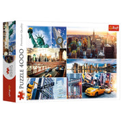 New York Collage 4000 Piece Puzzle - Colorful 4000-piece puzzle box featuring a vibrant New York City collage with landmarks and cityscapes.