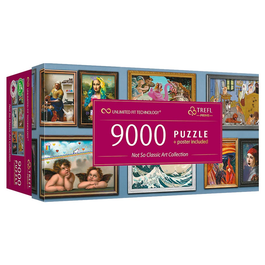 Not So Classic Art 9000 Piece Puzzle - 9000-piece puzzle box featuring a collage of famous classic art paintings in vibrant colors.