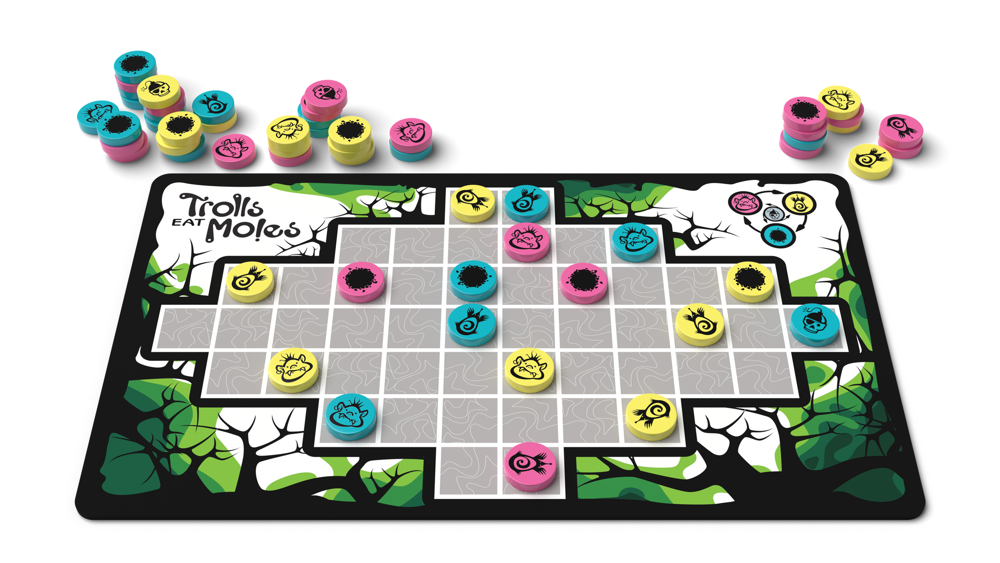 Trolls Eat Moles - Colorful game board with grid layout, featuring pink and blue troll and mole tokens arranged on squares, surrounded by.
