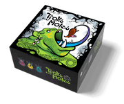 Trolls Eat Moles - Square game box with colorful artwork of a green troll eating a brown mole against a cloudy white background, titled "Trolls