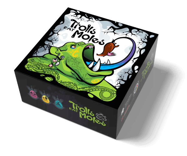 Trolls Eat Moles - Square game box with colorful artwork of a green troll eating a brown mole against a cloudy white background, titled "Trolls