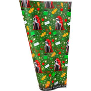 Trick or Treat Wrapping Paper: Krampus - Seasons Greetings - Green wrapping paper with repeating Krampus illustrations, red berries, gold stars, candy, and white "Seasons Greetings".
