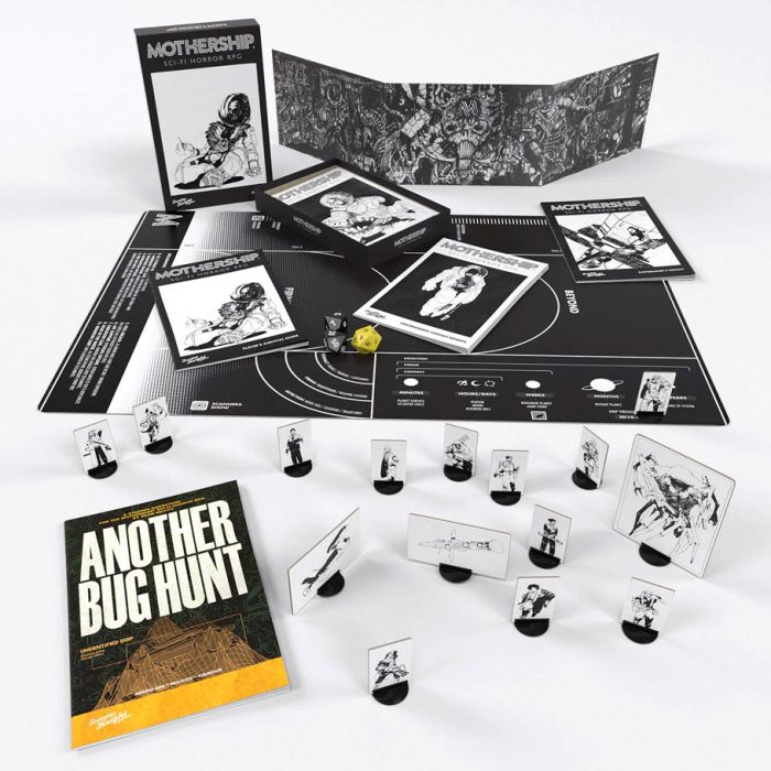 Mothership: Core Set - Black and white sci-fi board game setup with illustrated cards, white character miniatures, game board, and rulebook titled.