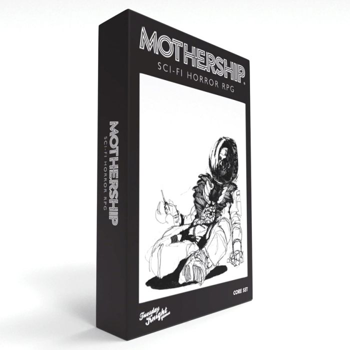 Mothership: Core Set - Black rectangular box with white front panel featuring black and white sci-fi illustration and bold "Mothership Sci-Fi.