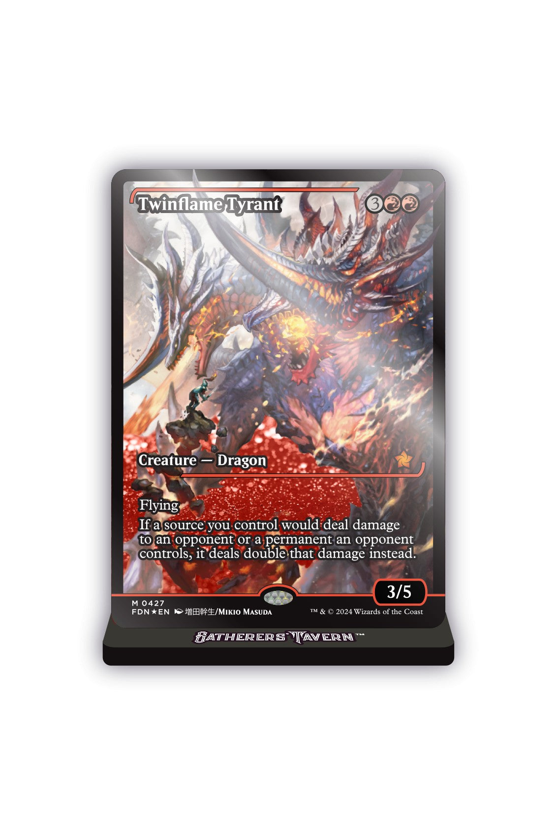 Magic: The Gathering - Twinflame Tyrant Acrylic Slab Standee - The Gathering, with fiery red and orange dragon illustration, dark text box, and black base.