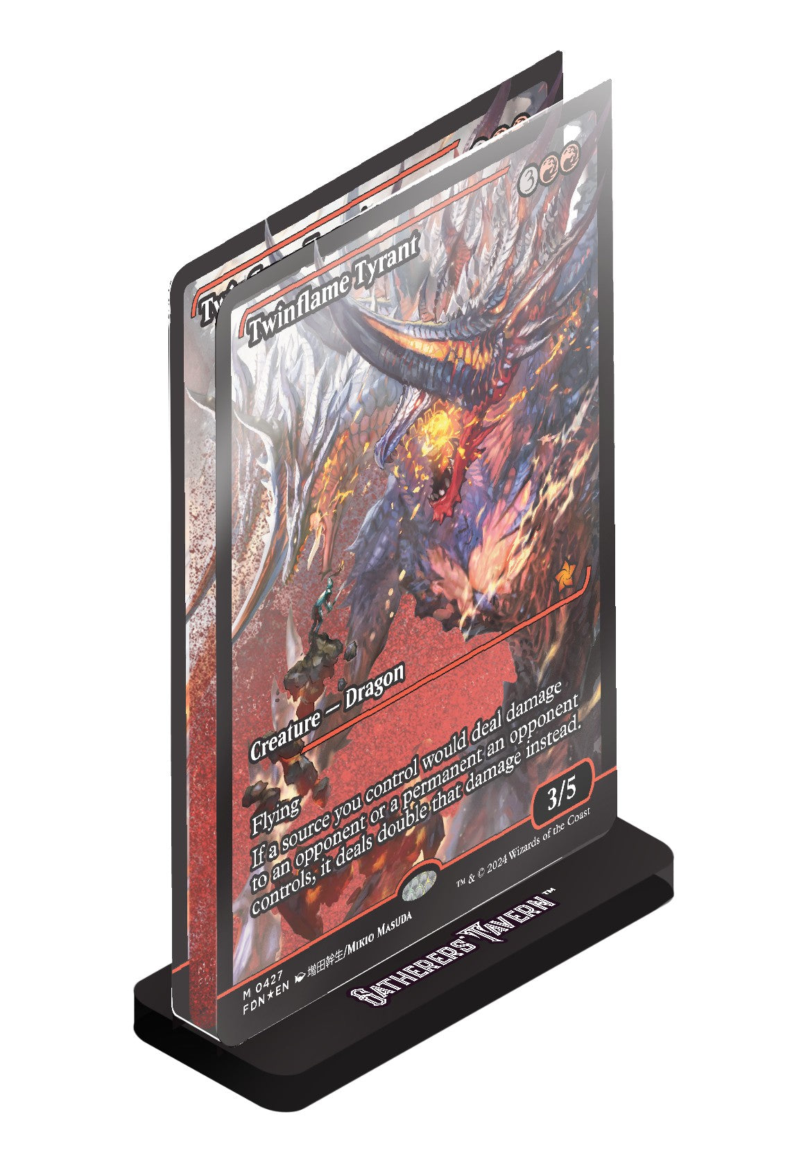 Magic: The Gathering - Twinflame Tyrant Acrylic Slab Standee - Clear acrylic standee featuring fiery dragon artwork with red and orange tones, labeled "Twinflame Tyrant" on a black base.