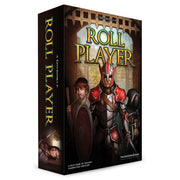 Roll Player - Roll Player board game box featuring a medieval knight in red and silver armor with a sword, accompanied by two characters.