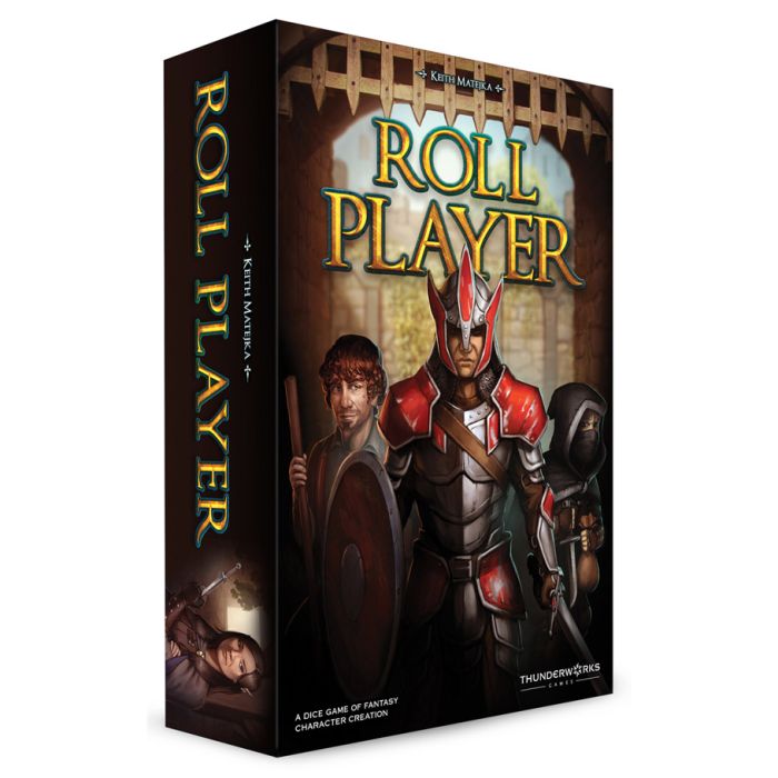 Roll Player - Roll Player board game box featuring a medieval knight in red and silver armor with a sword, accompanied by two characters.
