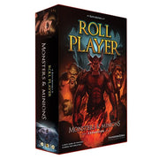 Roll Player: Monsters & Minions - Dark-themed board game expansion box featuring a red demon, werewolf, and lion on the cover with fiery accents.