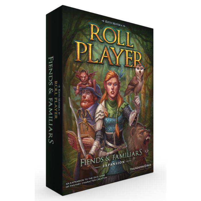 Roll Player: Fiends & Familiars - Roll Player Fiends & Familiars expansion box featuring fantasy characters including a knight, an archer, and various.