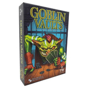 Goblin Vaults - Goblin Vaults card game box featuring a green goblin holding cards behind a wooden table with treasure tokens.
