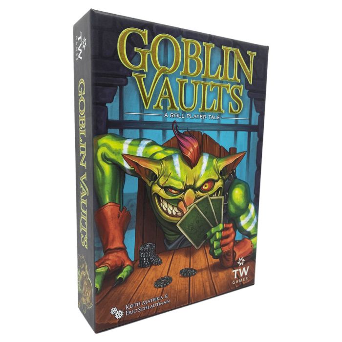 Goblin Vaults - Goblin Vaults card game box featuring a green goblin holding cards behind a wooden table with treasure tokens.