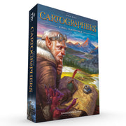 Cartographers: A Roll Player Tale - Board game box featuring an illustrated man with goggles holding a quill, mountains in the background, and a dragon-shaped.
