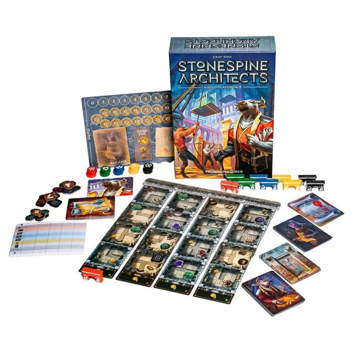 Stonespine Architects - Board game set with modular tiles, colorful wooden train pieces, cards featuring artwork, and a detailed scorepad.