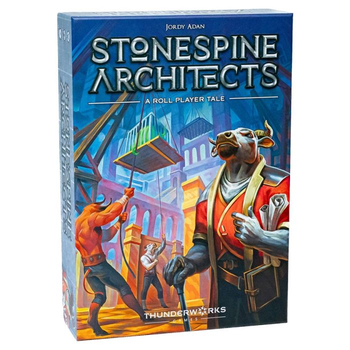 Stonespine Architects - StoneSpine Architects card game box with colorful fantasy city art featuring anthropomorphic characters and architectural.