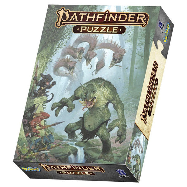 Puzzle: Pathfinder: Bestiary: 1000 Piece - Puzzle box featuring fantasy artwork of a large green monster fighting adventurers in a misty forest, labeled Pathfinder.