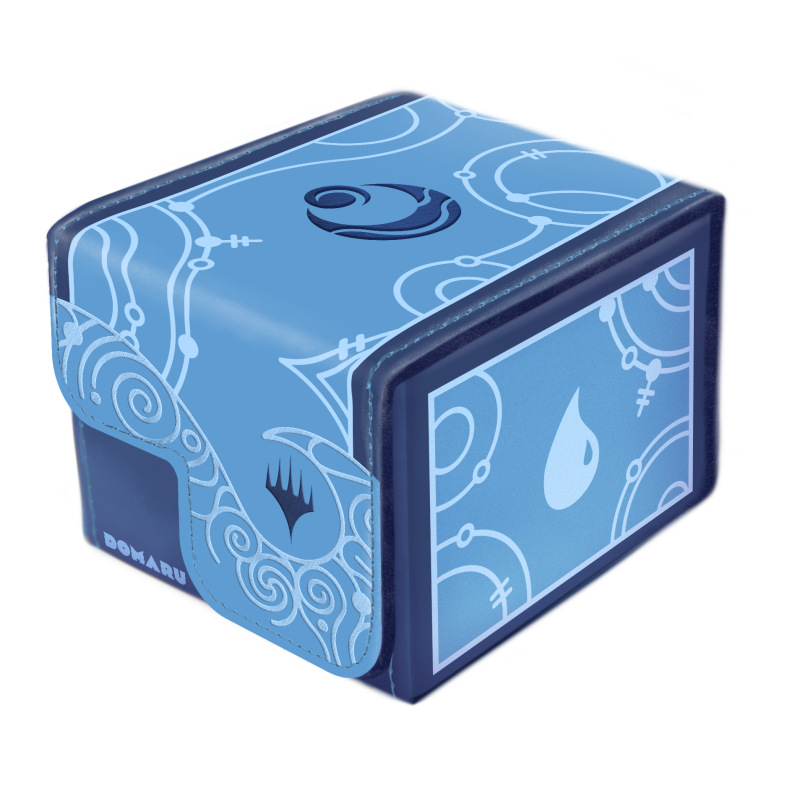 Domaru Deck Box: Magic the Gathering: Lorwyn Eclipsed - Brine Blue - Blue compact deck box with white stylized magical symbols and icons, designed for card storage.