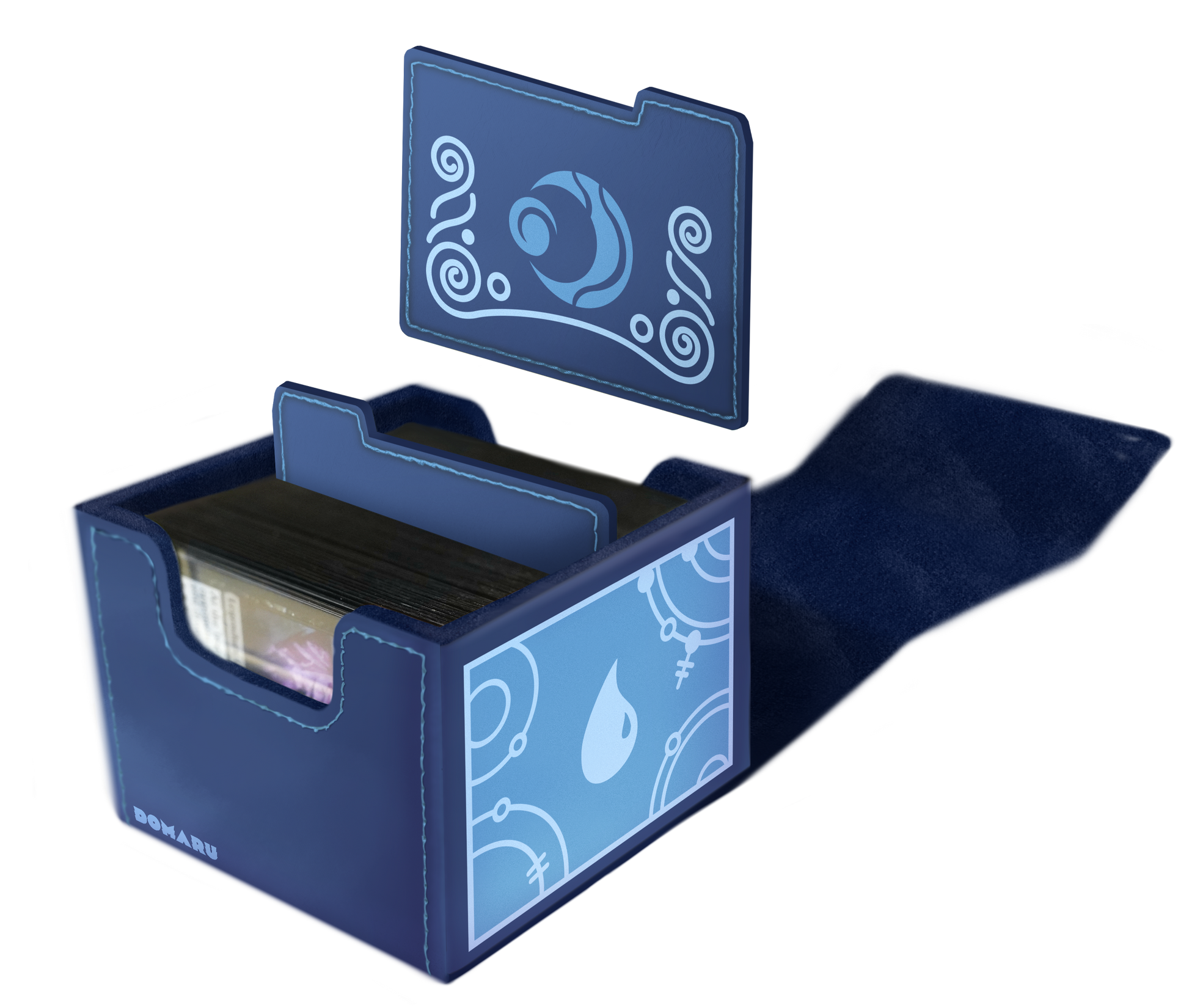 Domaru Deck Box: Magic the Gathering: Lorwyn Eclipsed - Brine Blue - Blue Domaru-style card deck box with water-themed designs and swirling patterns, open with a flap lifted, showing card.