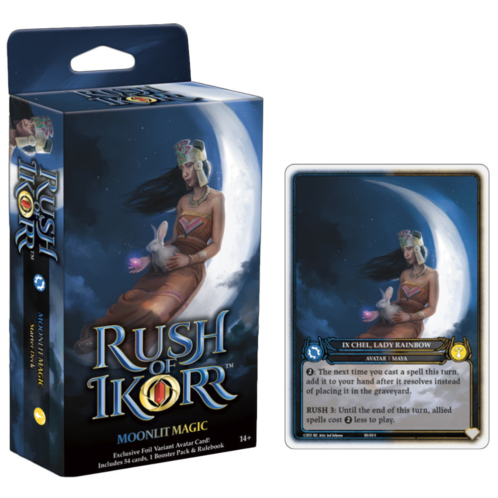 Rush of Ikorr TCG: Shattered Chaos - Moonlit Magic Starter Deck - Card game starter deck box featuring a dark blue background with a moon and a mystical female figure holding a glowing.