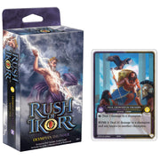 Rush of Ikorr TCG: Shattered Chaos - Olympian Thunder Starter Deck - Rush of Ikorr Olympian Thunder TCG starter deck box with Zeus lightning art and a champion card featuring a warrior with a.