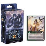 Rush of Ikorr TCG: Shattered Chaos - Stunning Presence Starter Deck - Dark blue themed Rush of Ikorr TCG starter deck box with fantasy serpent artwork and included character card showing a.