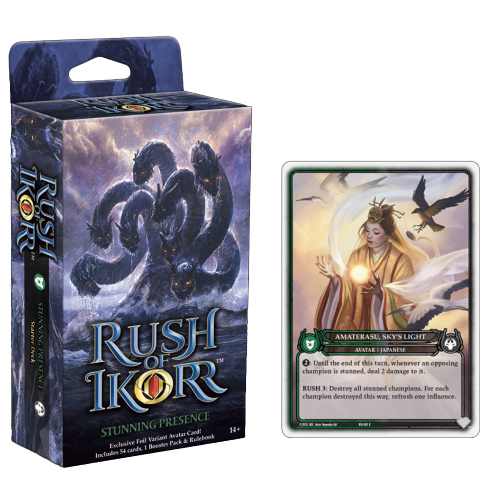 Rush of Ikorr TCG: Shattered Chaos - Stunning Presence Starter Deck - Dark blue themed Rush of Ikorr TCG starter deck box with fantasy serpent artwork and included character card showing a.