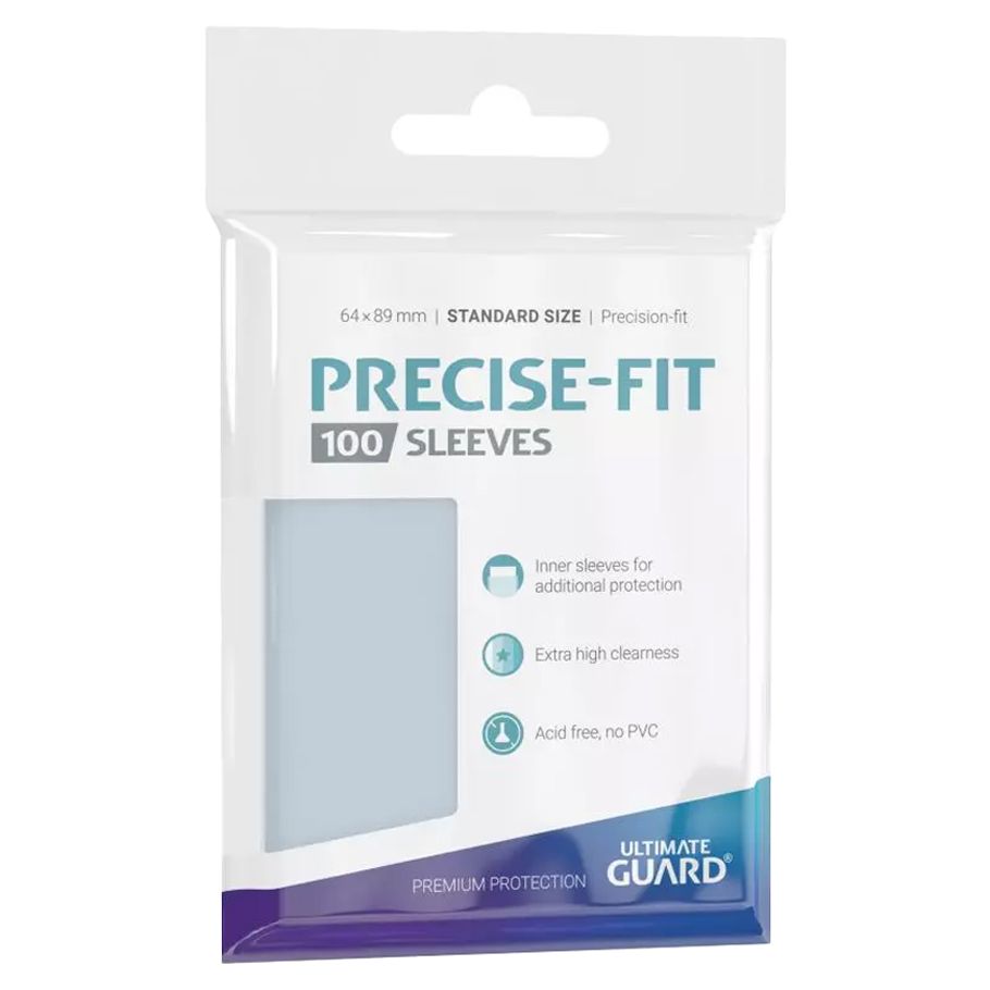 Ultimate Guard Sleeves Precise Fit Standard Transparent 100-Count - Clear plastic card sleeves pack with blue and white label stating Precise-Fit 100 Sleeves by Ultimate Guard.