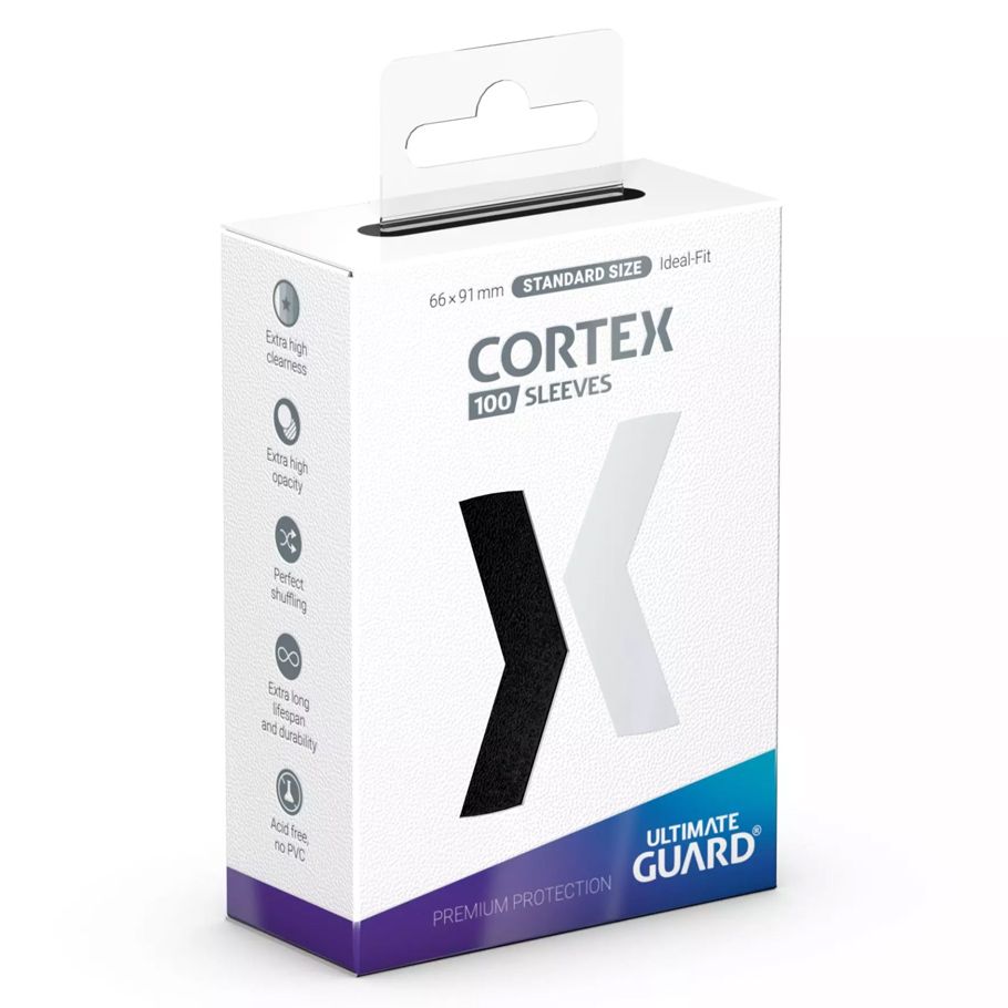 Ultimate Guard Cortex Deck Protectors 100 Count Black - White and purple box of Ultimate Guard Cortex 100 black card sleeves for deck protection.