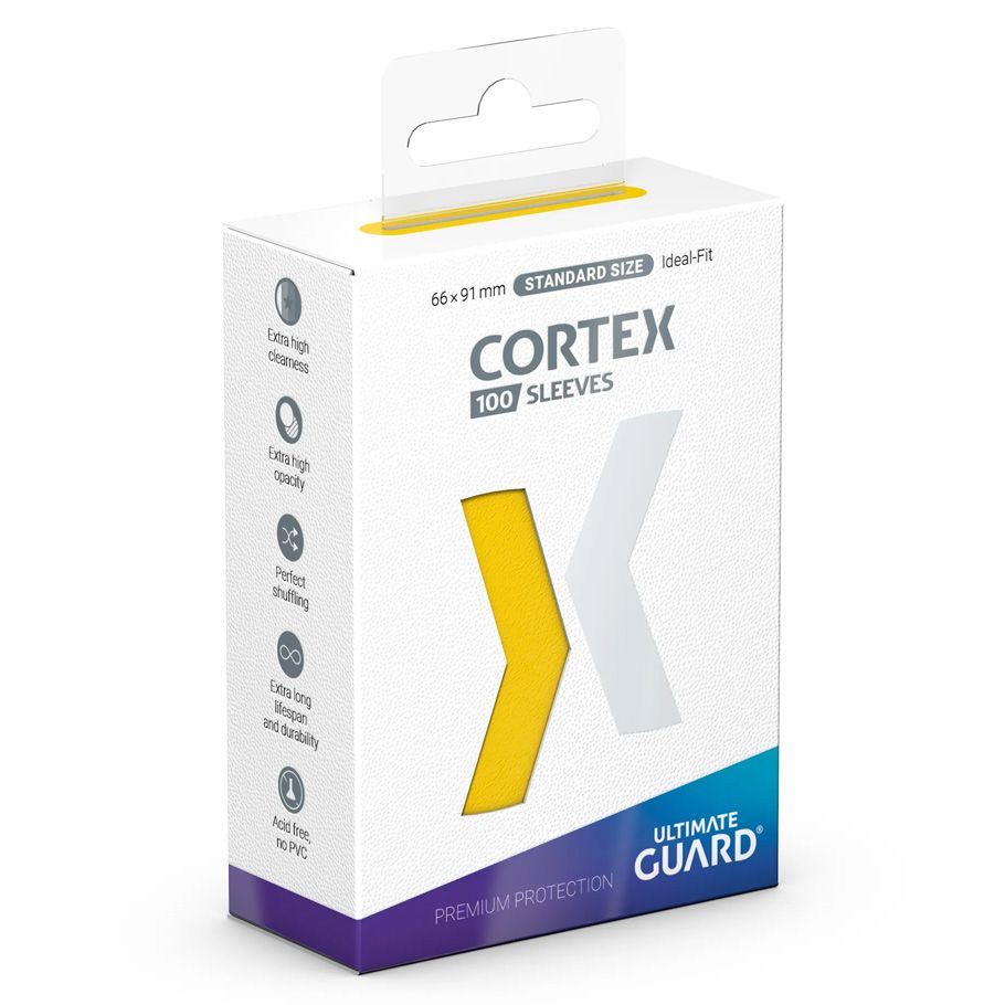 Ultimate Guard Cortex Deck Protectors 100 Count Yellow - White rectangular box packaging with purple base containing 100 yellow Ultimate Guard Cortex card sleeves.