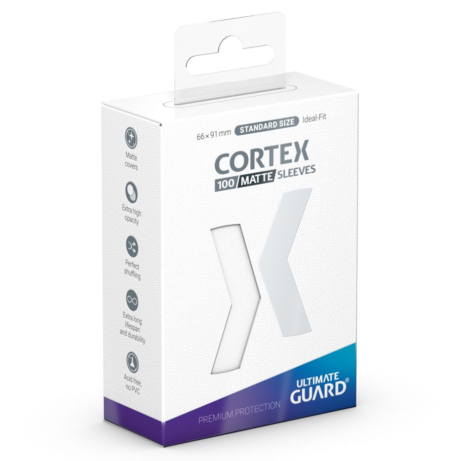 Ultimate Guard Cortex Deck Protectors Matte 100 Count White - White matte card sleeves packaging with Ultimate Guard Cortex branding, 100 count deck protectors.