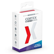 Ultimate Guard Cortex Deck Protectors 100 Matte Count Red - White box with red and gray arrow design containing 100 matte red card sleeves for deck protection.