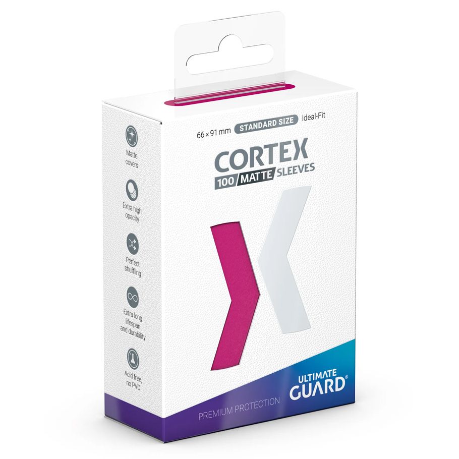 Ultimate Guard Cortex Deck Protectors Matte 100 Count Pink - White rectangular box with pink arrow graphic, contains 100 matte pink card sleeves for deck protection.