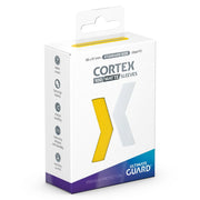 Ultimate Guard Cortex Deck Protectors 100 Matte Count Yellow - White box packaging for Ultimate Guard Cortex card sleeves with a yellow sleeve image and blue and purple accents.