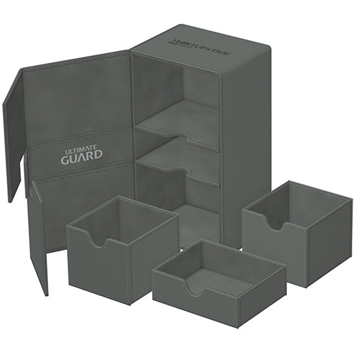 Ultimate Guard Twin Flip'n'Tray 200+ Monocolor - Grey - Grey plastic deck box with a flip-top lid and three removable trays for card storage and organization.