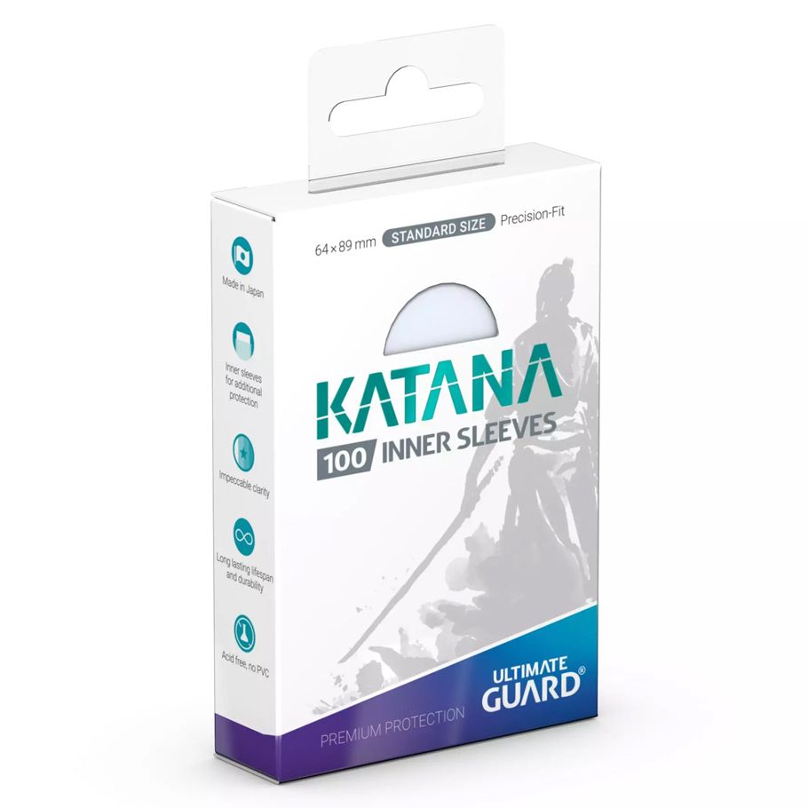 Deck Protector: KATANA: Inner Sleeve (100) - White and teal card sleeve packaging with "KATANA" branding and 100 inner sleeves indicated.