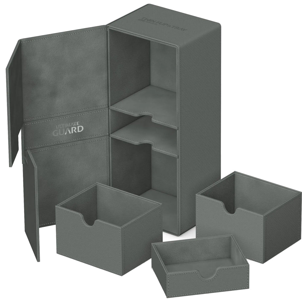 Ultimate Guard Twin Flip'n'Tray 266+ Monocolor - Grey - Grey rectangular deck box with flip-open lid, two internal trays, and two removable square compartments designed for card.