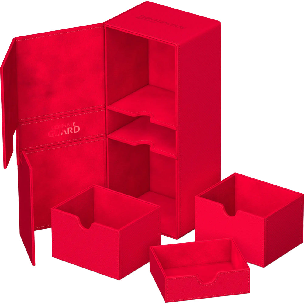 Ultimate Guard Twin Flip'n'Tray 266+ Monocolor - Red - Red rectangular deck box with flip-open lid, two removable inner trays, and smooth matte finish.