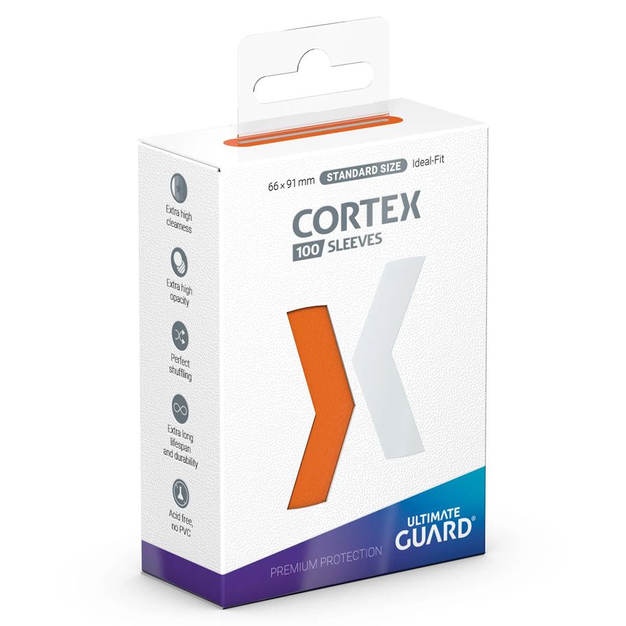 Ultimate Guard Cortex Deck Protectors 100 Count Orange - White and purple box of Ultimate Guard Cortex 100 orange card sleeves with hang tab and checklist icons on the side.