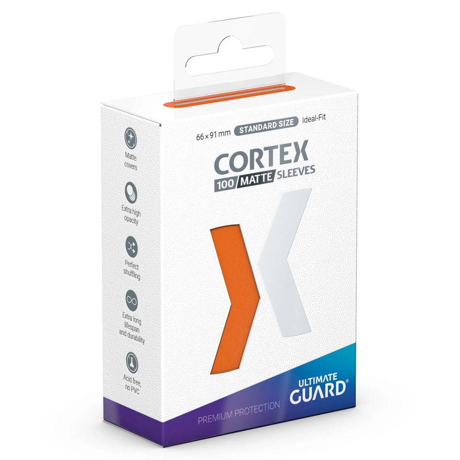 Ultimate Guard Cortex Deck Protectors Matte 100 Count Orange - Matte orange card sleeves packaging with white box and bold Cortex branding.